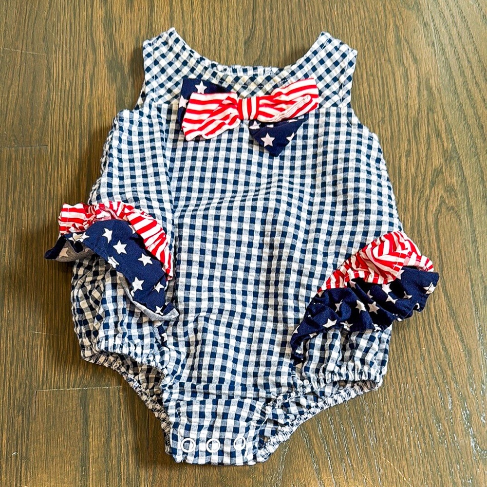 Bonnie Baby 🇺🇸 Gingham Romper with Red and White Bow | 3-6M